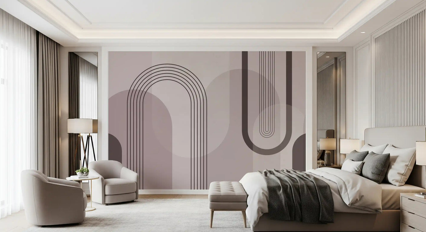 Mid-century mural with thin striped lines forming arch outlines in master bedroom., GD10238