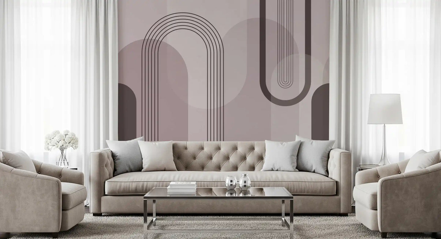 Soft mauve mural with balanced composition of arches, stripes, and circular curves., GD10238