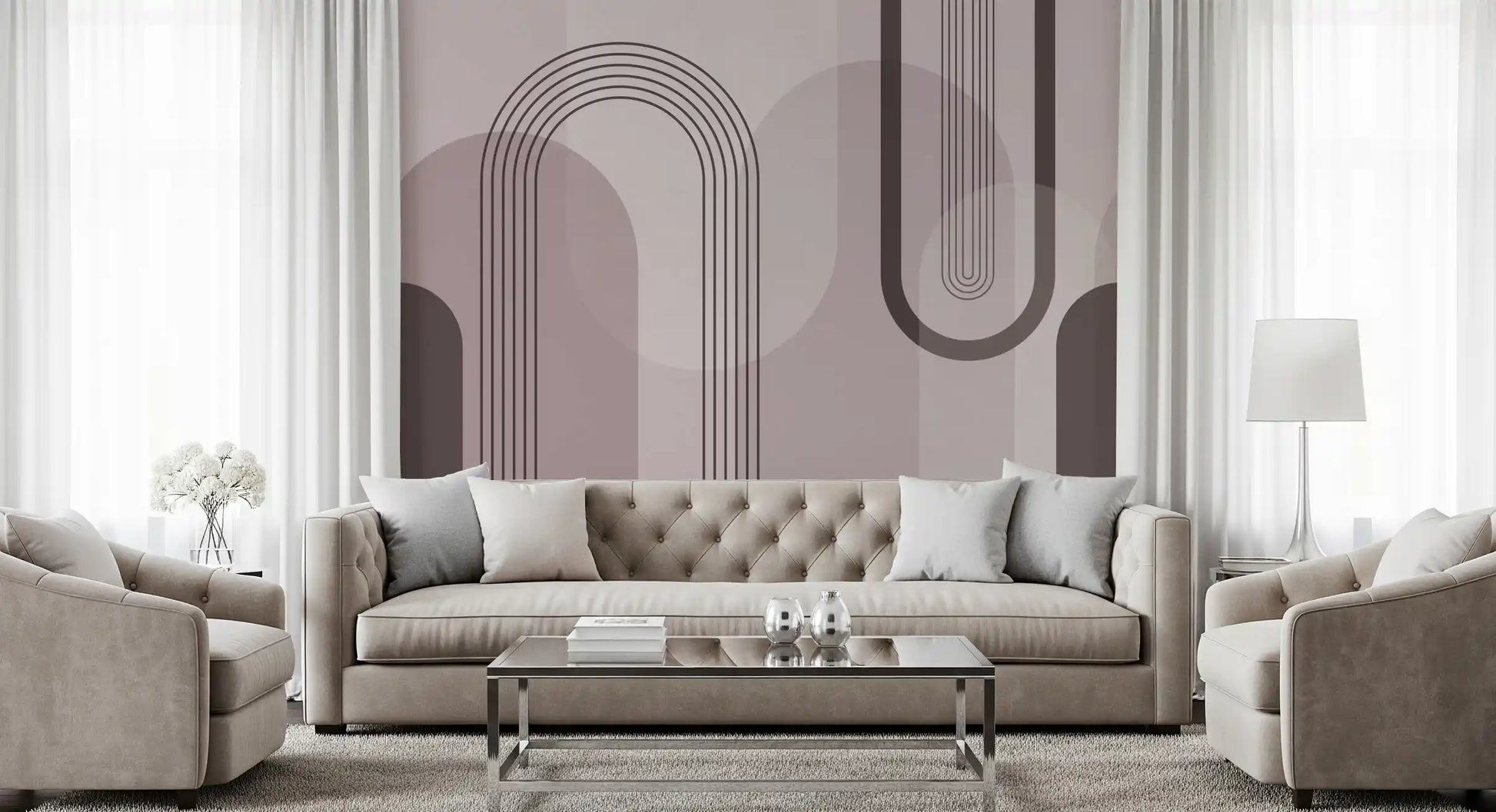 Soft mauve mural with balanced composition of arches, stripes, and circular curves., GD10238