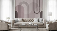 Soft mauve mural with balanced composition of arches, stripes, and circular curves., GD10238
