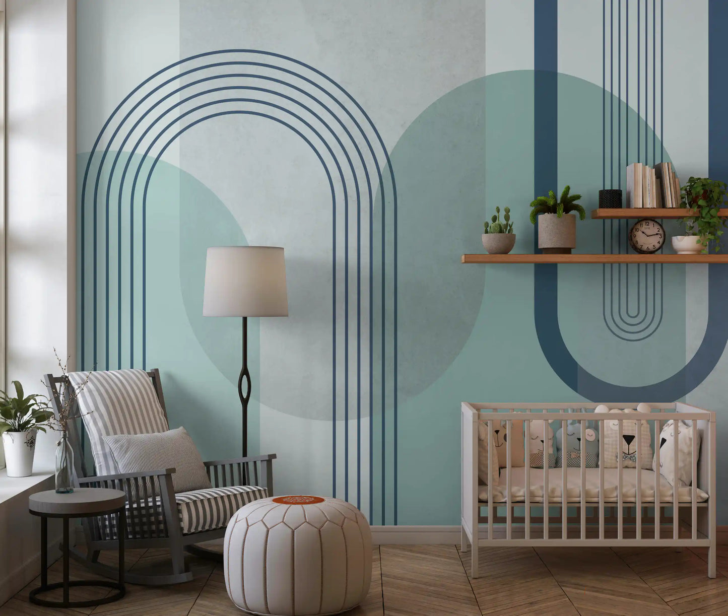 Bauhaus inspired blue mural with U-shaped line work and rounded column forms., GD10239