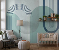 Bauhaus inspired blue mural with U-shaped line work and rounded column forms., GD10239