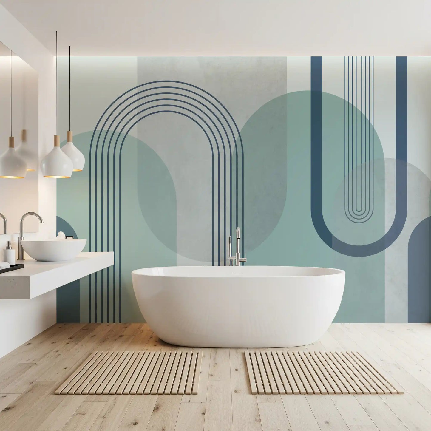 Mid-century arch mural featuring layered sage teal and grey shapes on a soft background., GD10239
