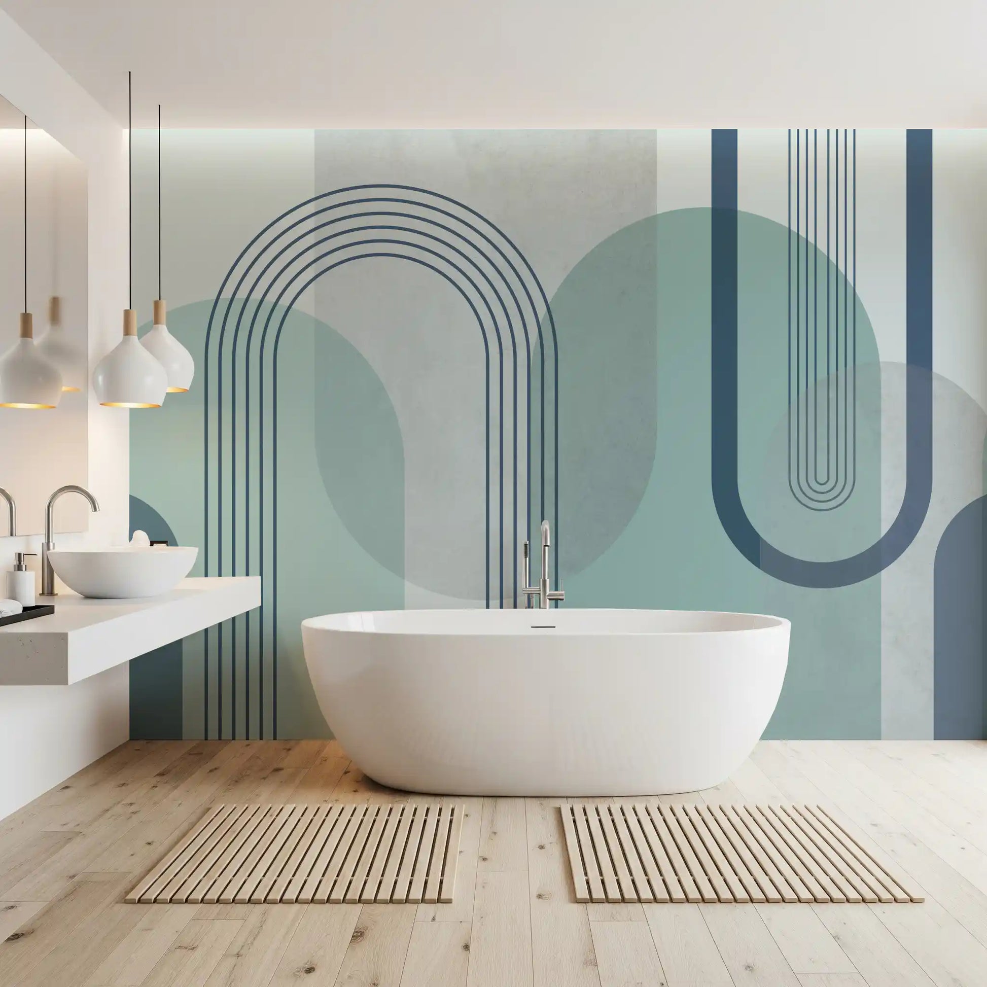 Mid-century arch mural featuring layered sage teal and grey shapes on a soft background., GD10239