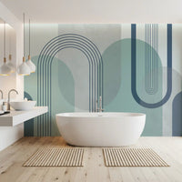 Mid-century arch mural featuring layered sage teal and grey shapes on a soft background., GD10239