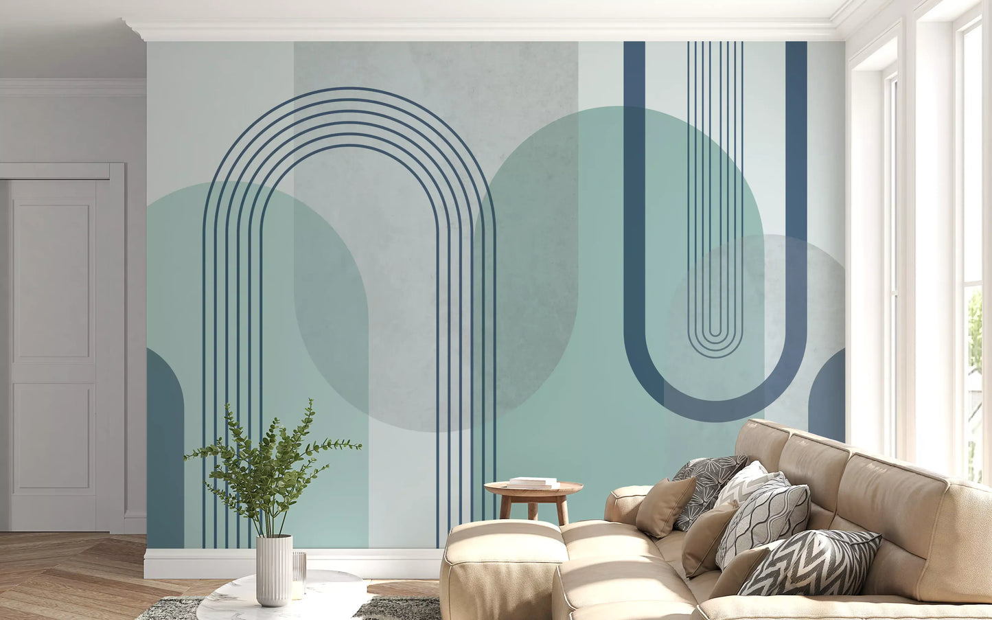 Modernist mural showing slate blue line arches over sage and dusty teal half-circles., GD10239