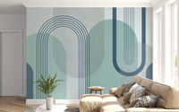 Modernist mural showing slate blue line arches over sage and dusty teal half-circles., GD10239
