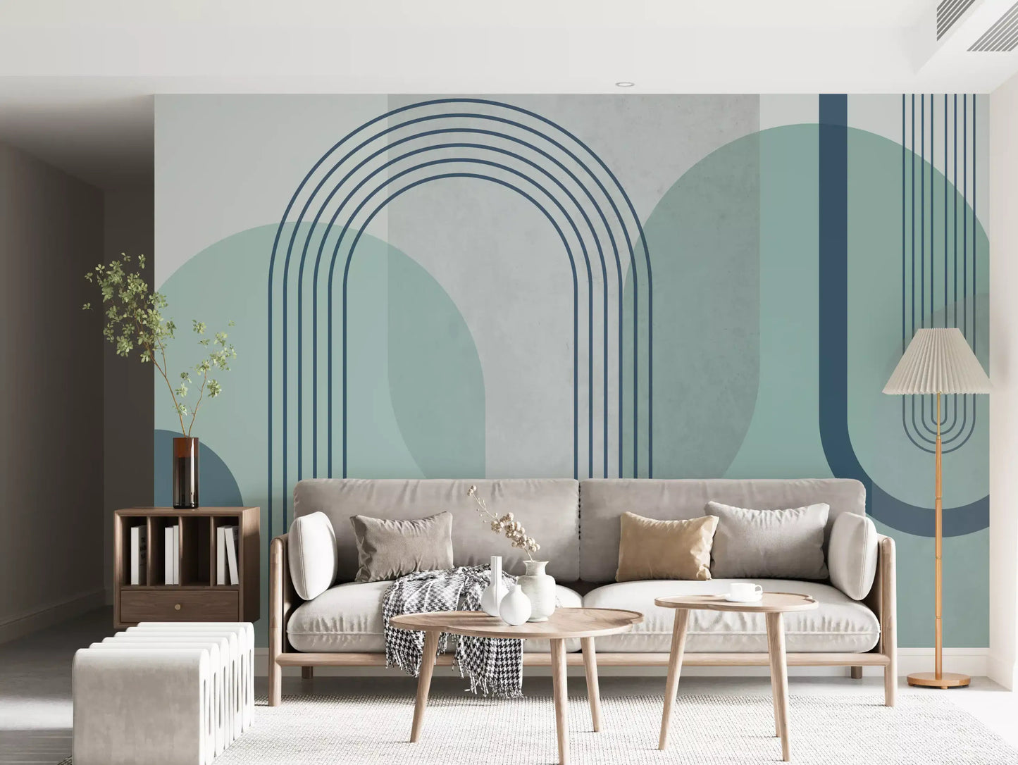 Modernist geometric mural in sage teal and slate with layered arch motifs., GD10239