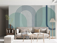 Modernist geometric mural in sage teal and slate with layered arch motifs., GD10239