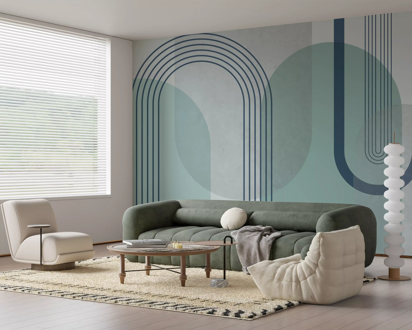 Modernist blue geometry wall mural with overlapping arches columns and U-curves in sage and slate., GD10239