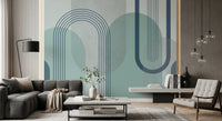 Mid-century modern mural with sage green arches and navy line curves in living room., GD10239