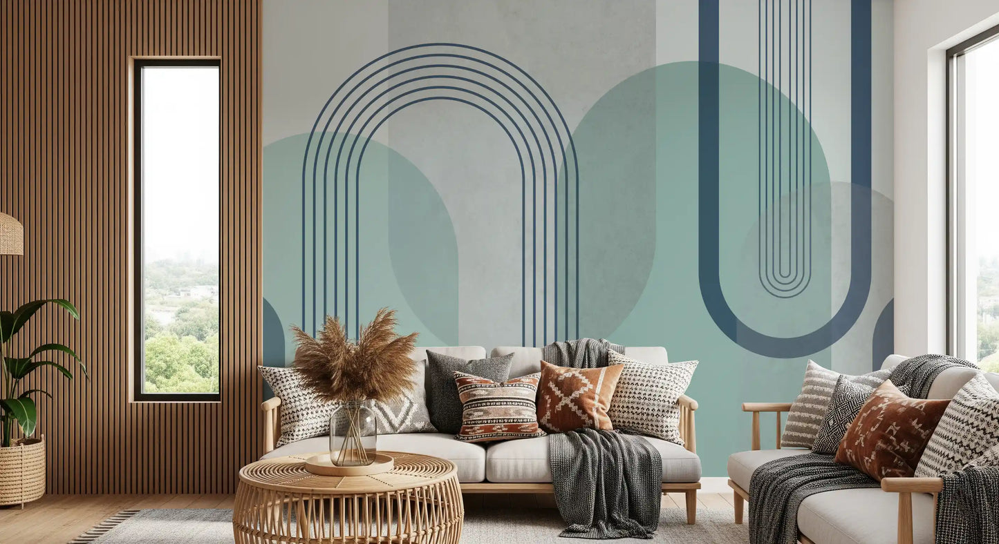 Arch pattern wall mural with concrete-style texture and overlapping geometric shapes., GD10239
