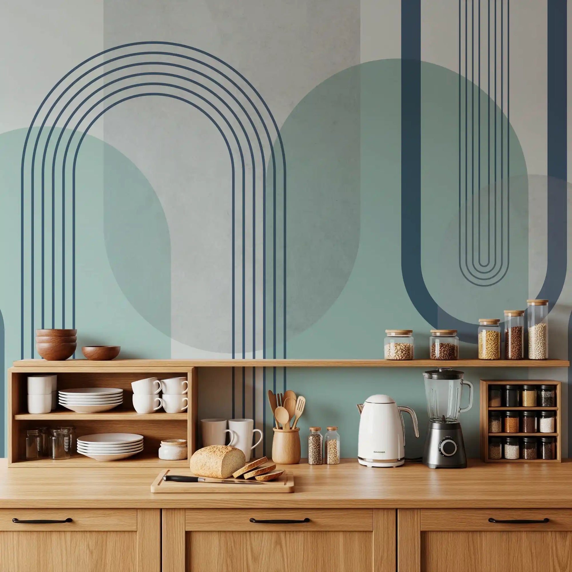 Mid-century arch mural used in kitchen backdrop with geometric design., GD10239