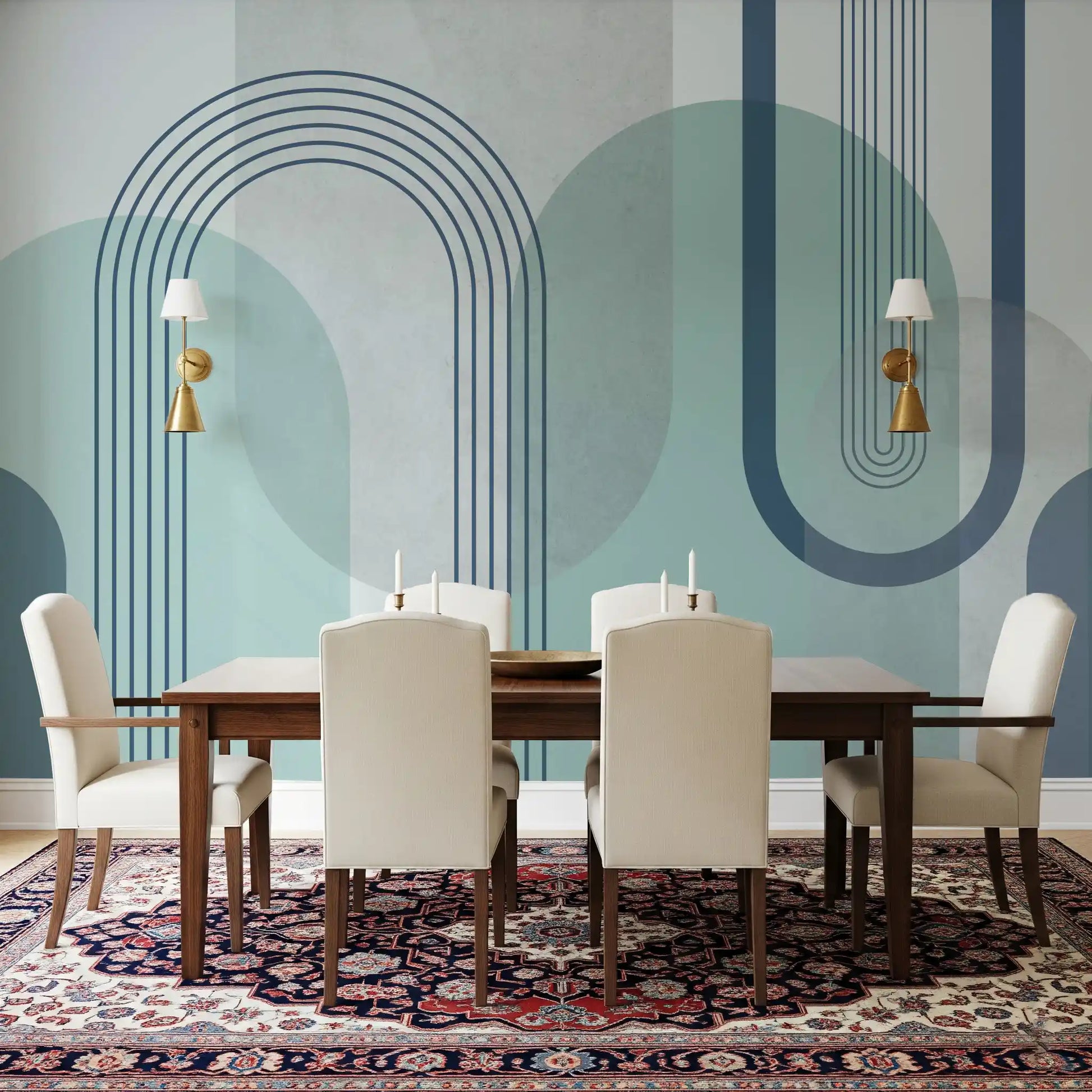 Modernist blue geometry mural installed as a feature wall in a dining room, GD10239