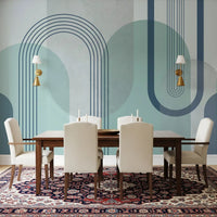Modernist blue geometry mural installed as a feature wall in a dining room, GD10239