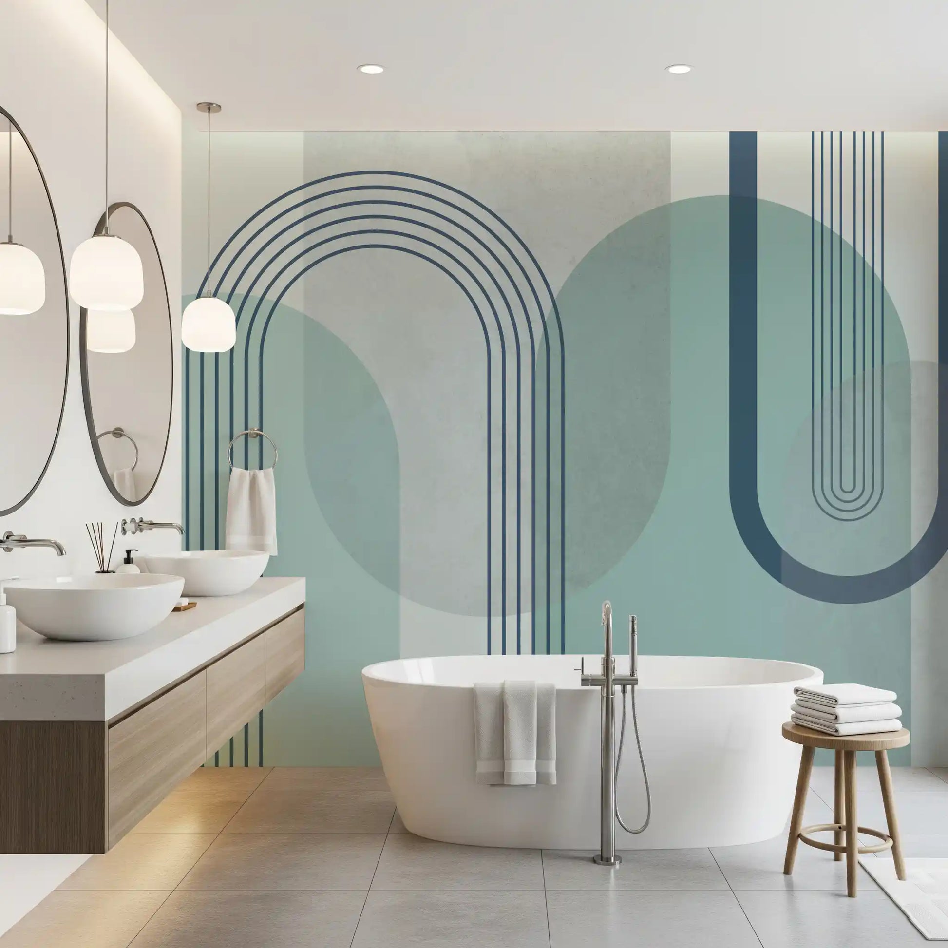 Geometric blue wall mural with line-work arches and solid pillar forms in bathroom., GD10239