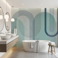 Geometric blue wall mural with line-work arches and solid pillar forms in bathroom., GD10239