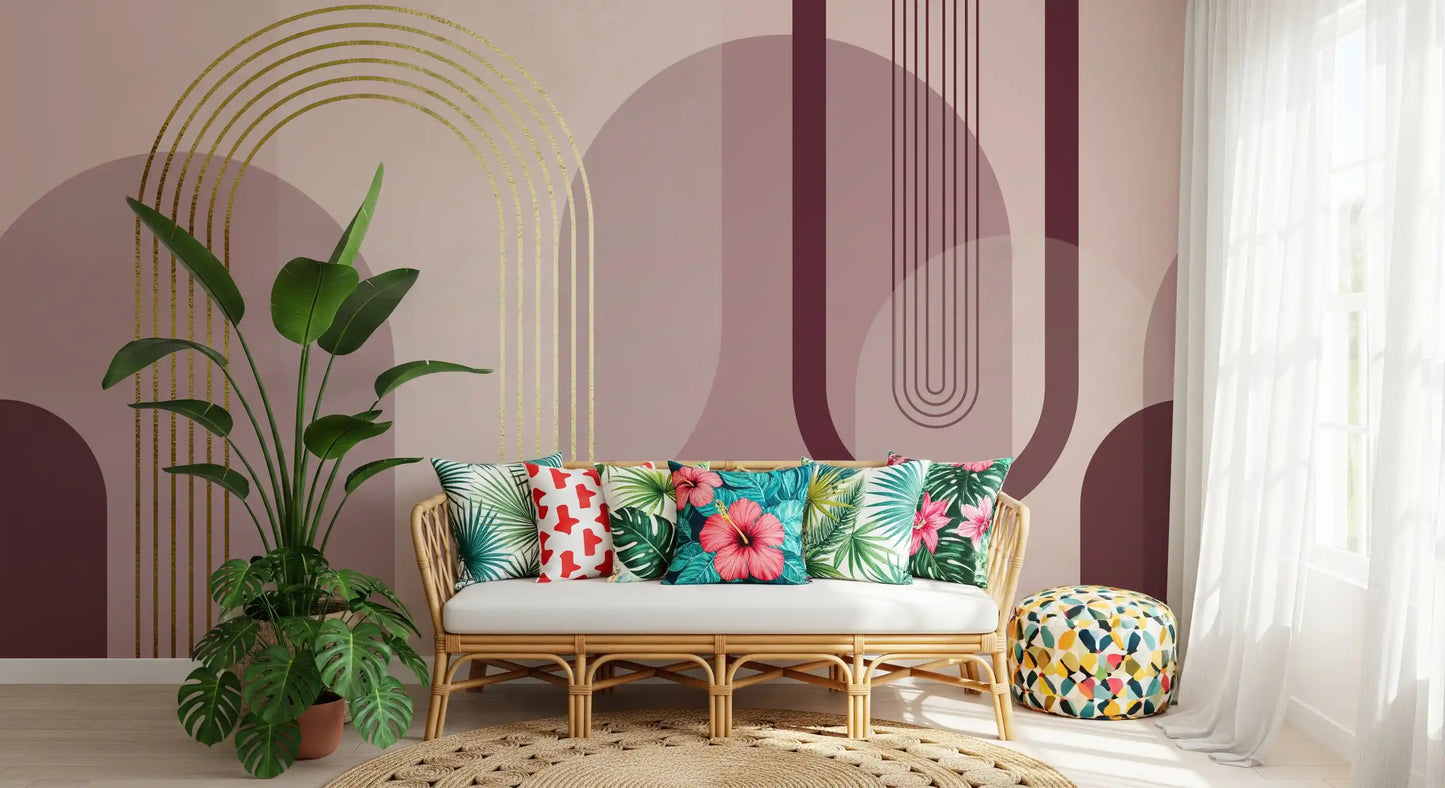 Wall mural featuring gold metallic line work over blush pink background., GD10240