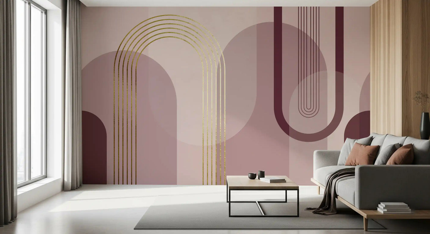 Layered geometric mural with blush mauve and burgundy curved shapes in living area., GD10240