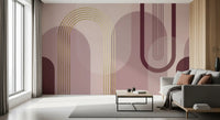 Layered geometric mural with blush mauve and burgundy curved shapes in living area., GD10240