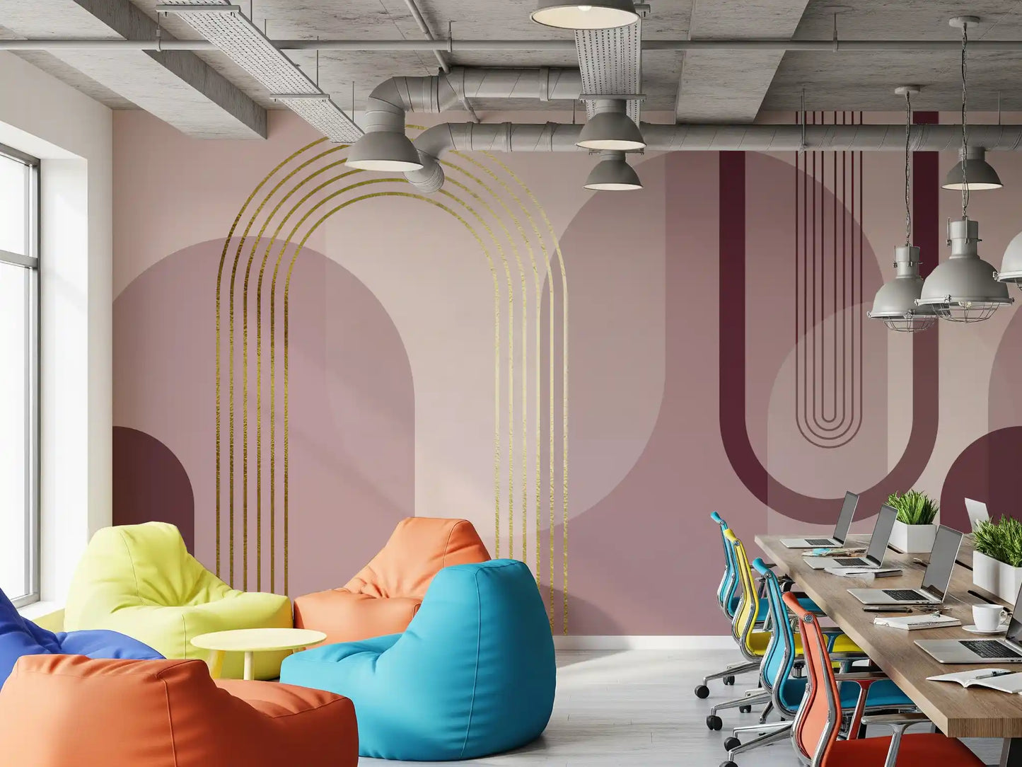 Layered arch mural in mauve and gold suited to a office feature wall., GD10240