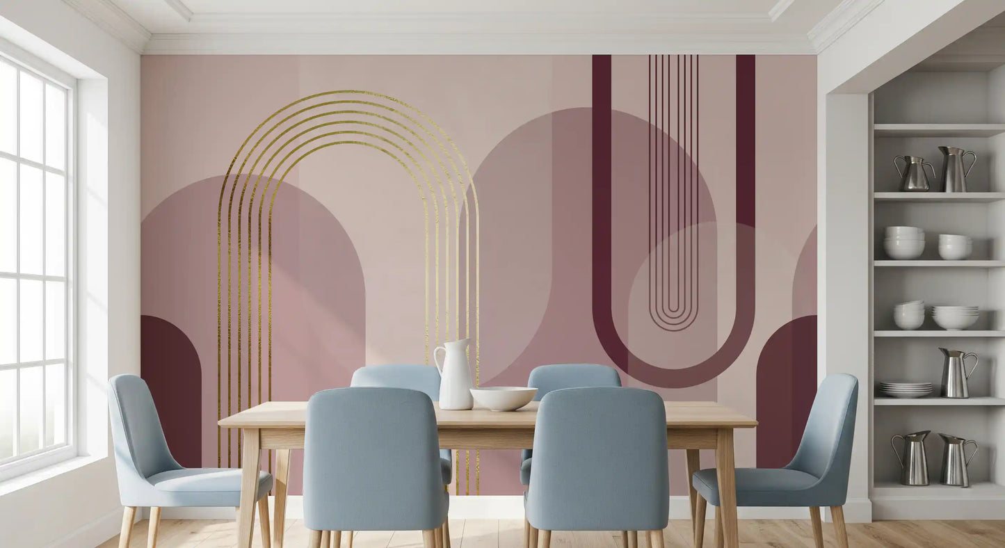 Curved arch motifs in dusty pink and deep burgundy on matte mural., GD10240