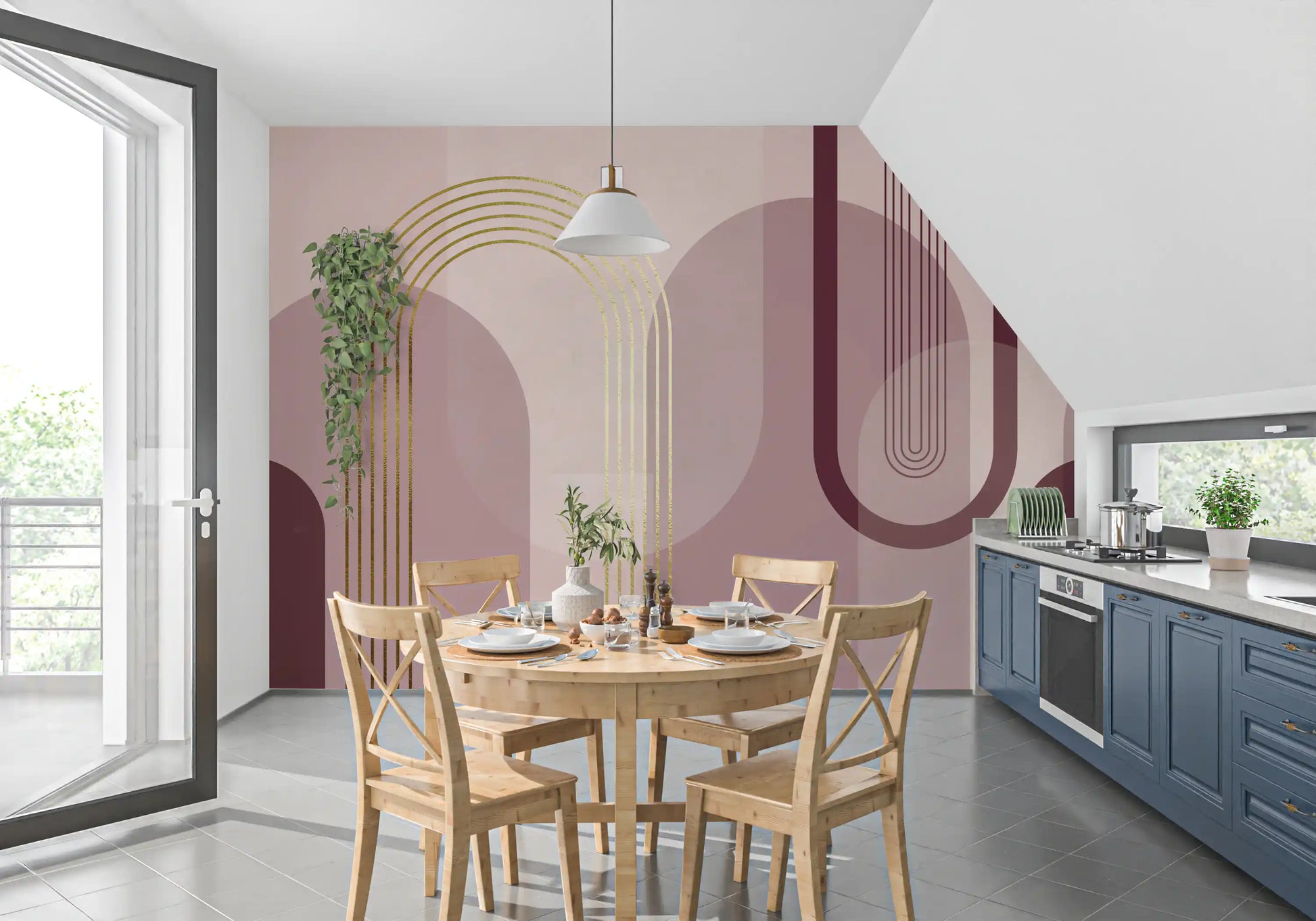 Abstract arch wall mural in pink palette with thin gold accents., GD10240