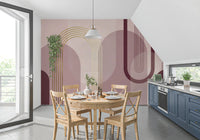 Abstract arch wall mural in pink palette with thin gold accents., GD10240