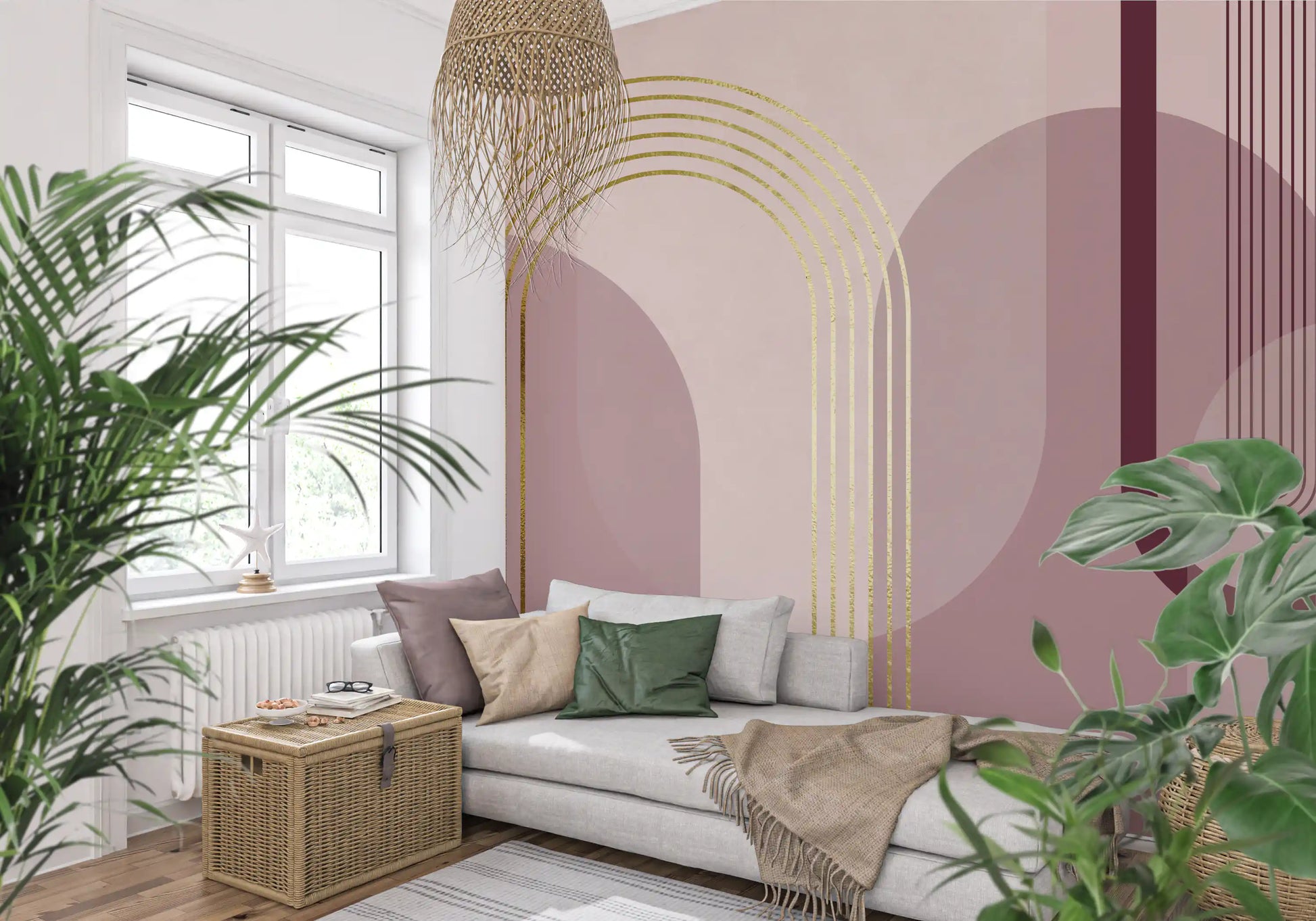 Repeating arch composition wall mural with golden lines and pink colour blocks., GD10240