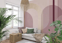 Repeating arch composition wall mural with golden lines and pink colour blocks., GD10240