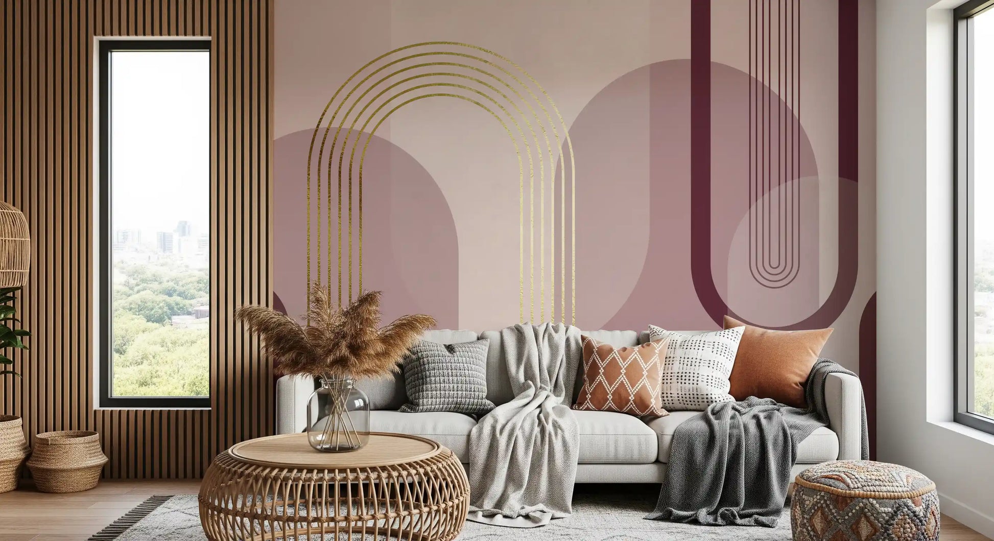 Golden archway wall mural with layered pink and mauve arches and gold lines., GD10240