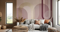 Golden archway wall mural with layered pink and mauve arches and gold lines., GD10240