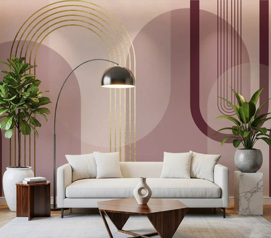 Pink geometric arch mural styled for a living room feature wall., GD10240