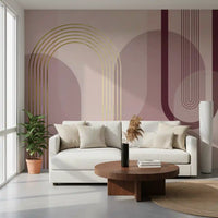 Geometric arch wall mural in soft pink mauve and burgundy tones., GD10240