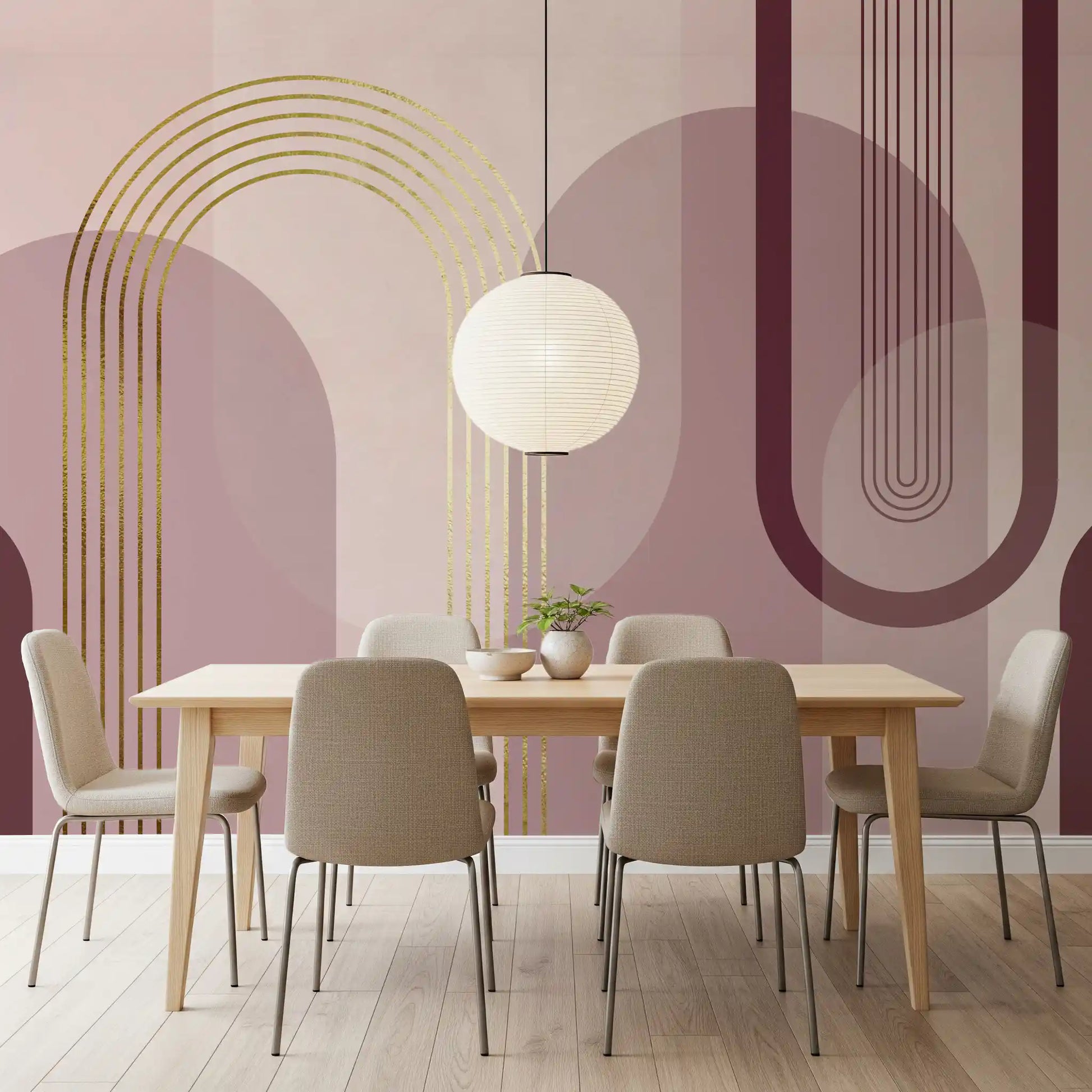 Matte finish wall mural showing arches in pink mauve and gold tones., GD10240