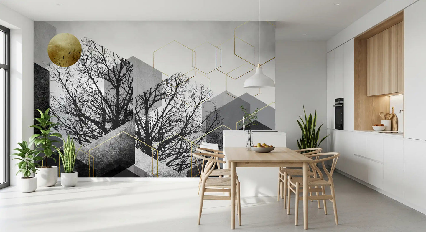 Geometric tree silhouette wall mural with gold hexagons and grey concrete blocks., GD10241
