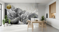Geometric tree silhouette wall mural with gold hexagons and grey concrete blocks., GD10241