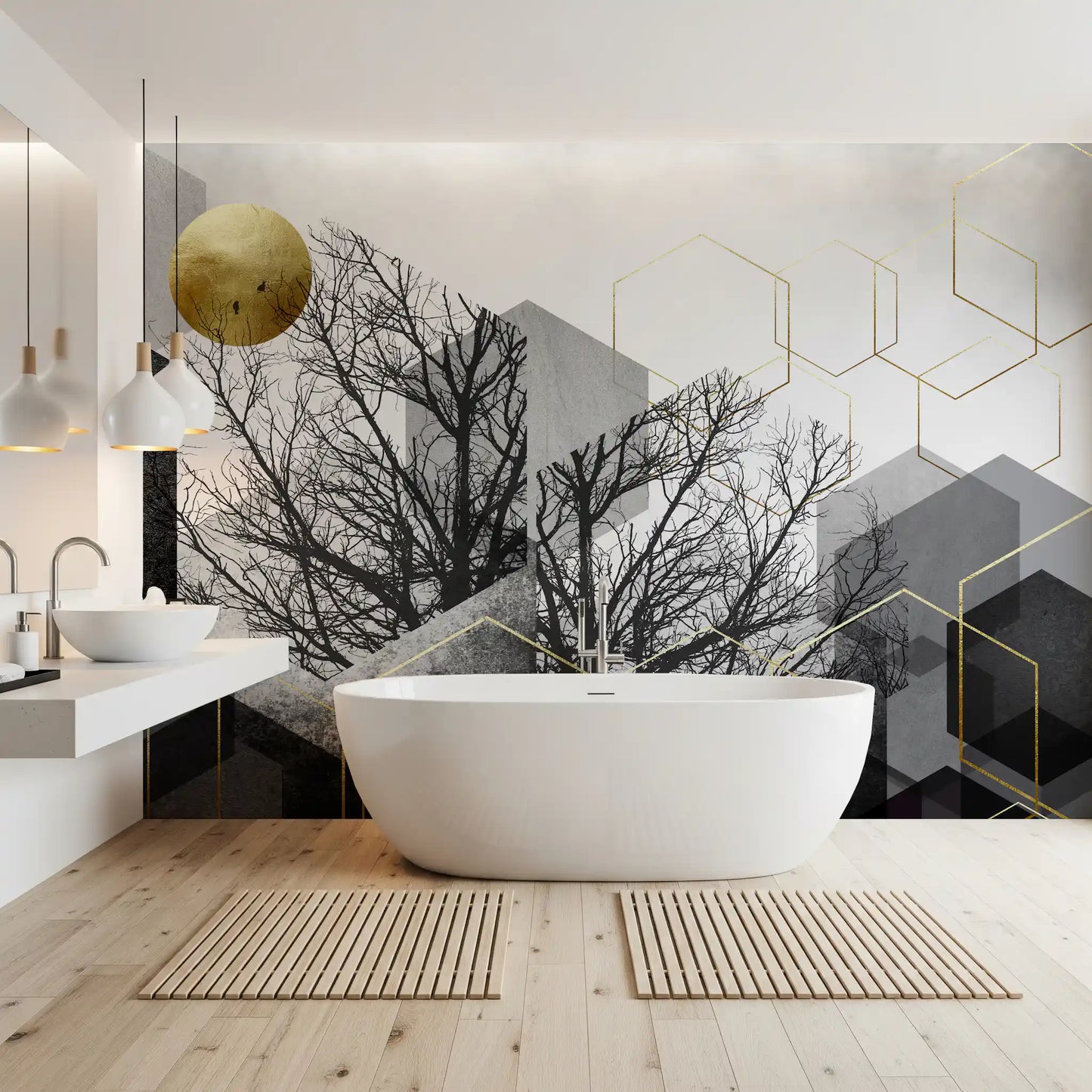 Leafless tree silhouettes paired with geometric hexagons wall mural in bathroom., GD10241