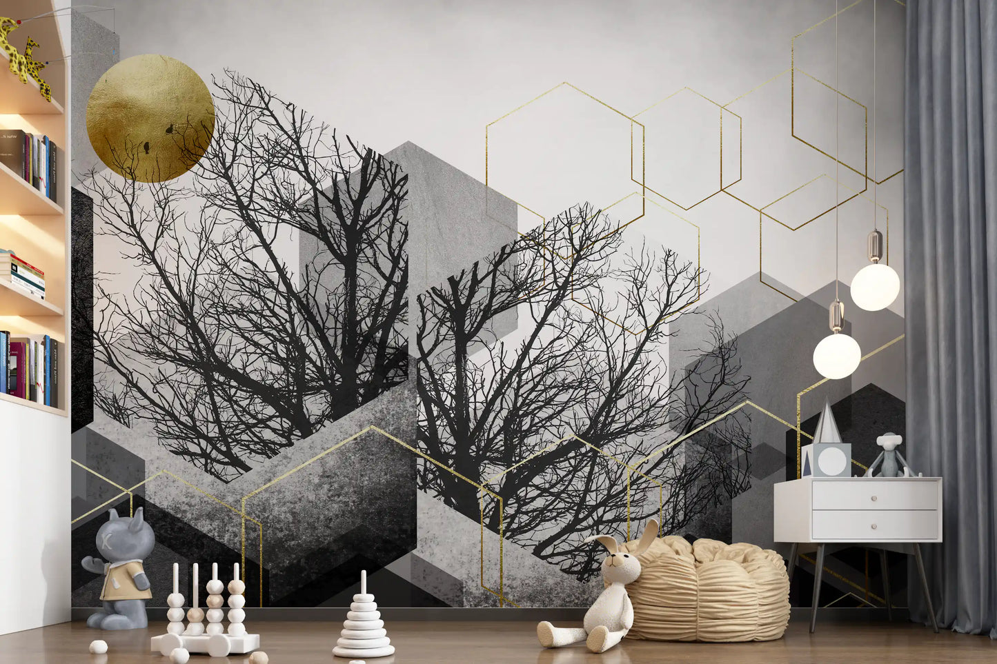 Detailed wall mural of black tree silhouettes against gilded hexagonal outline., GD10241