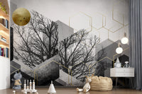 Detailed wall mural of black tree silhouettes against gilded hexagonal outline., GD10241