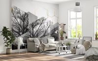 Metallic gold hexagonal framework wall mural in charcoal and light grey block., GD10241