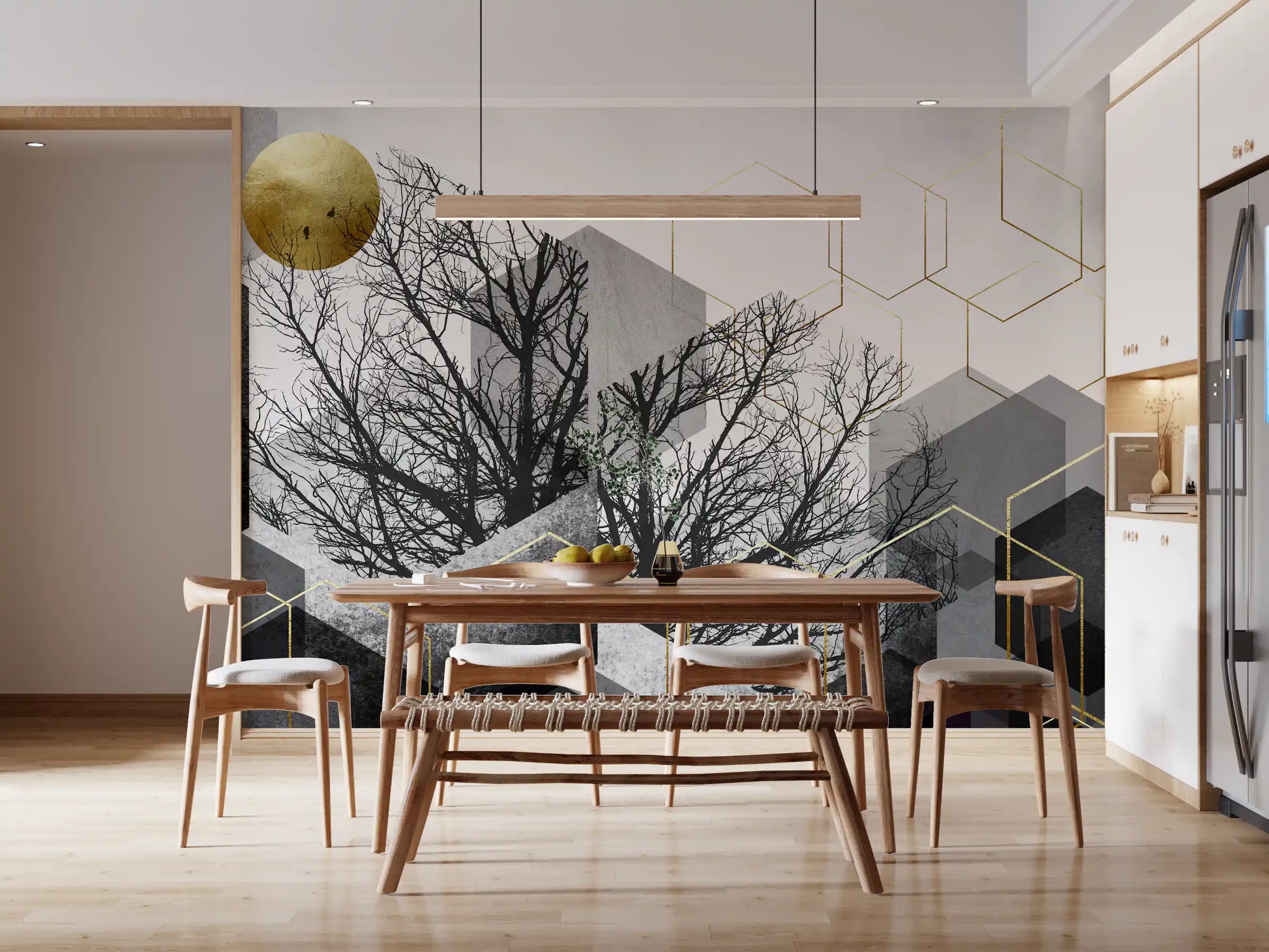 Dining room wall mural with Bare black tree branches layered over textured grey hexagonal panels., GD10241