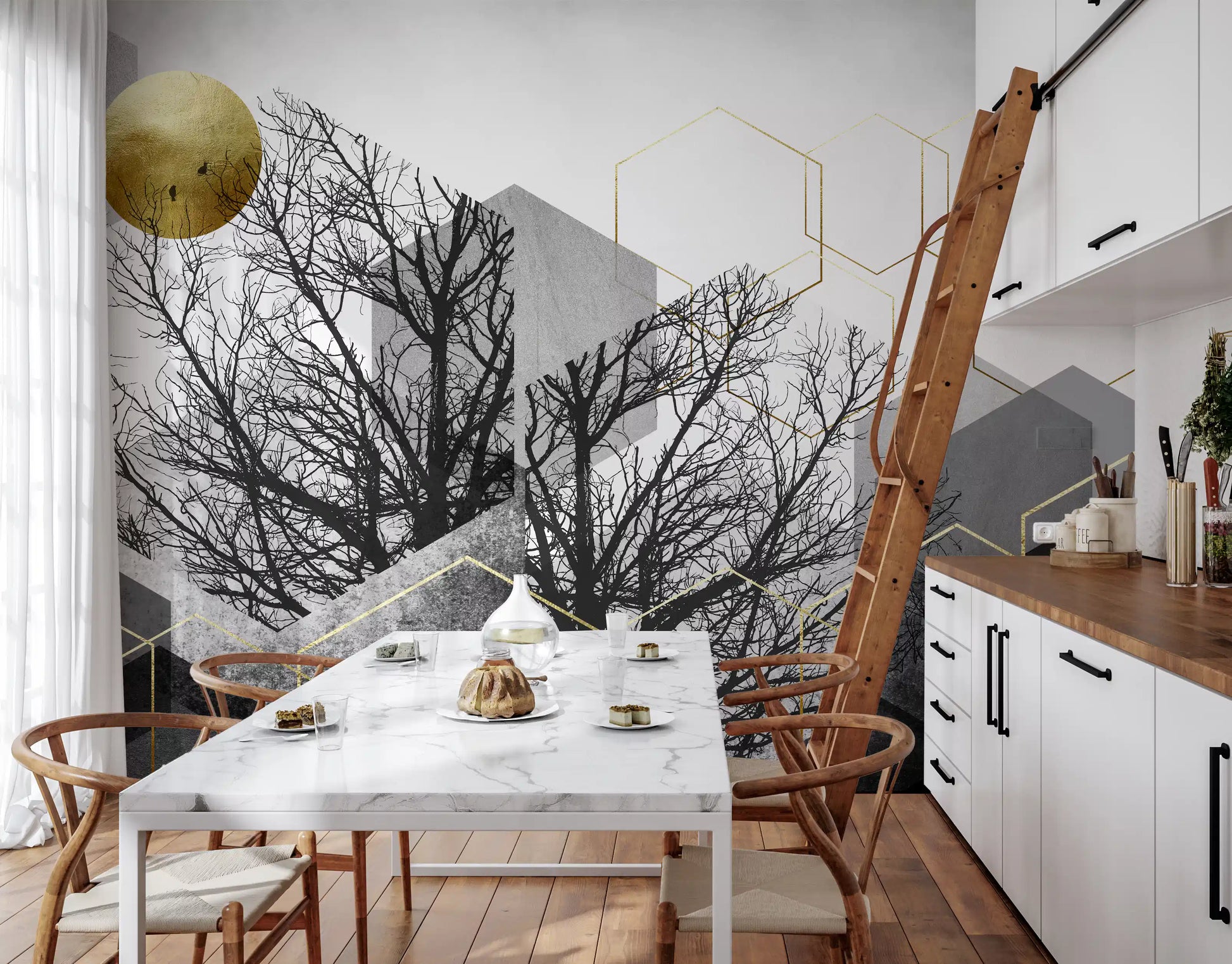 Geometric tree silhouette mural styled across a dining room feature wall., GD10241