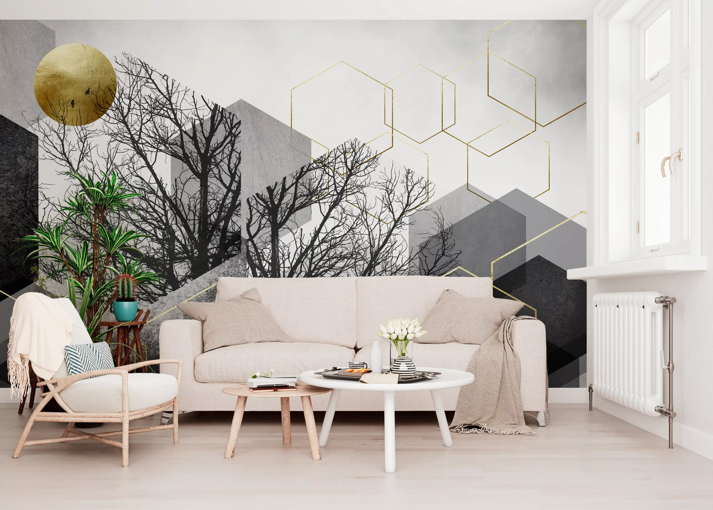 Modern abstract mural with bare branches, gold accents and concrete texture., GD10241