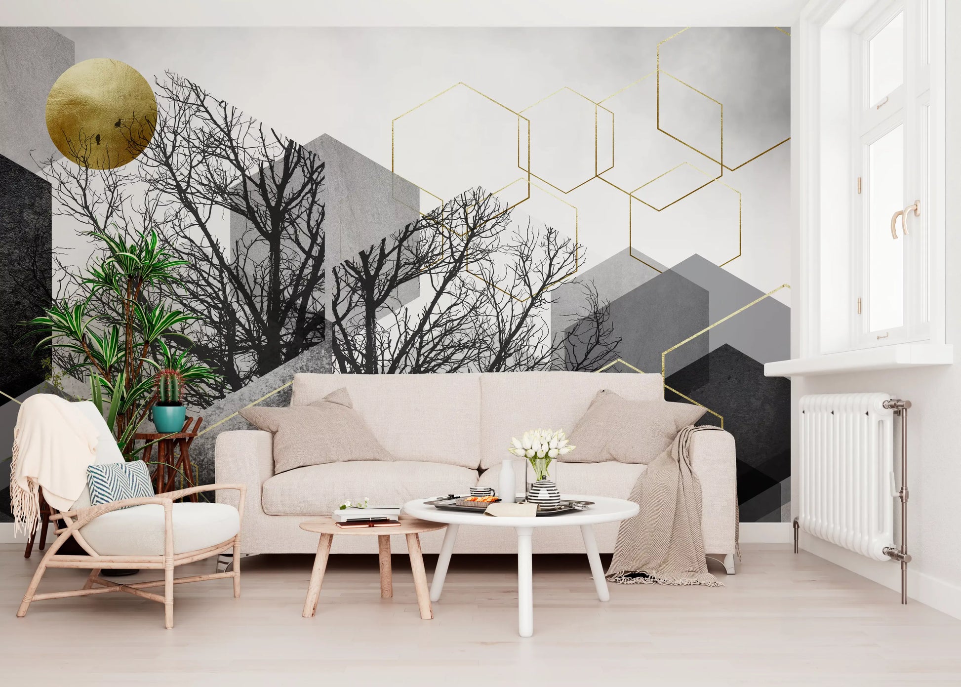 Modern abstract mural with bare branches, gold accents and concrete texture., GD10241
