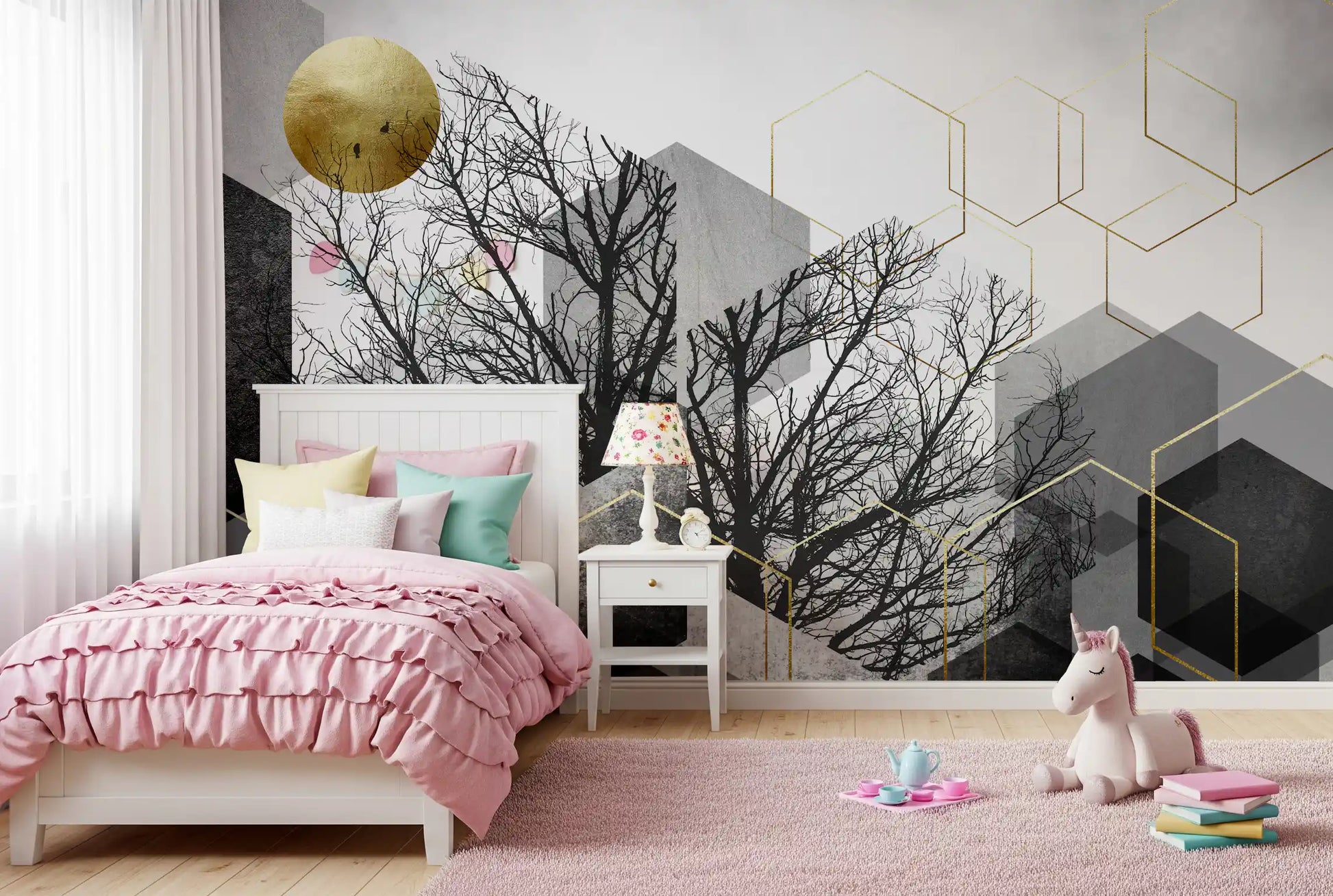 Monochrome mural featuring layered grey blocks and black bare tree shapes., GD10241