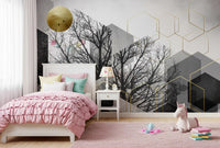 Monochrome mural featuring layered grey blocks and black bare tree shapes., GD10241
