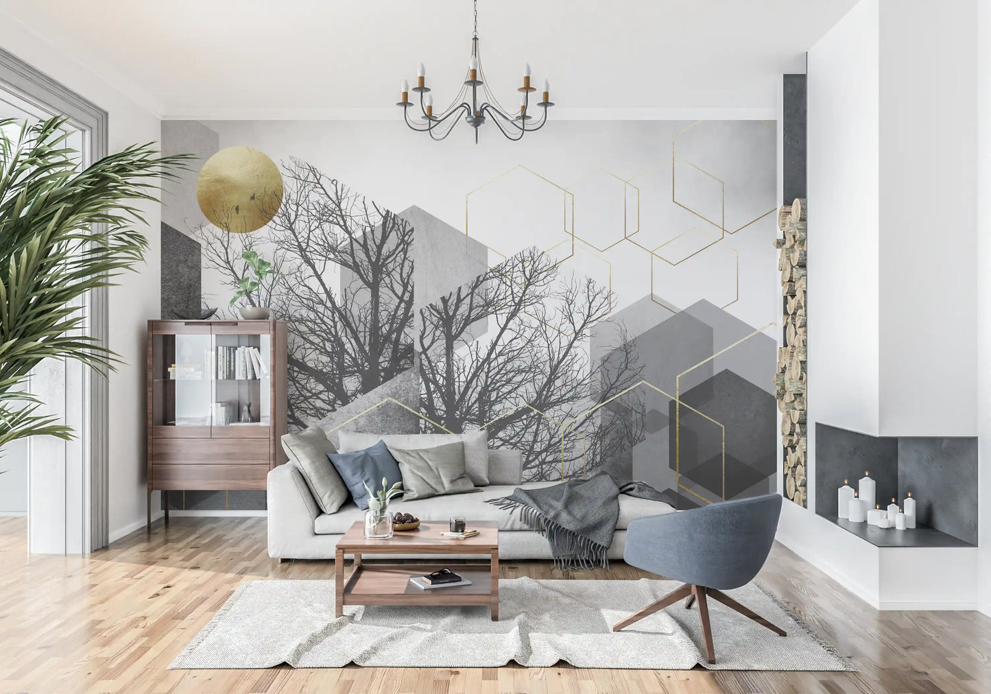Golden circular sun against misty grey sky with gilded hexagon wall mural., GD10241
