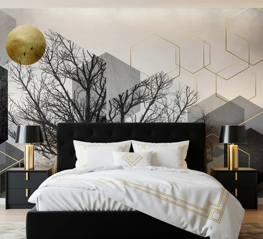 Gold and grey geometric forest mural displayed across a bedroom accent wall.