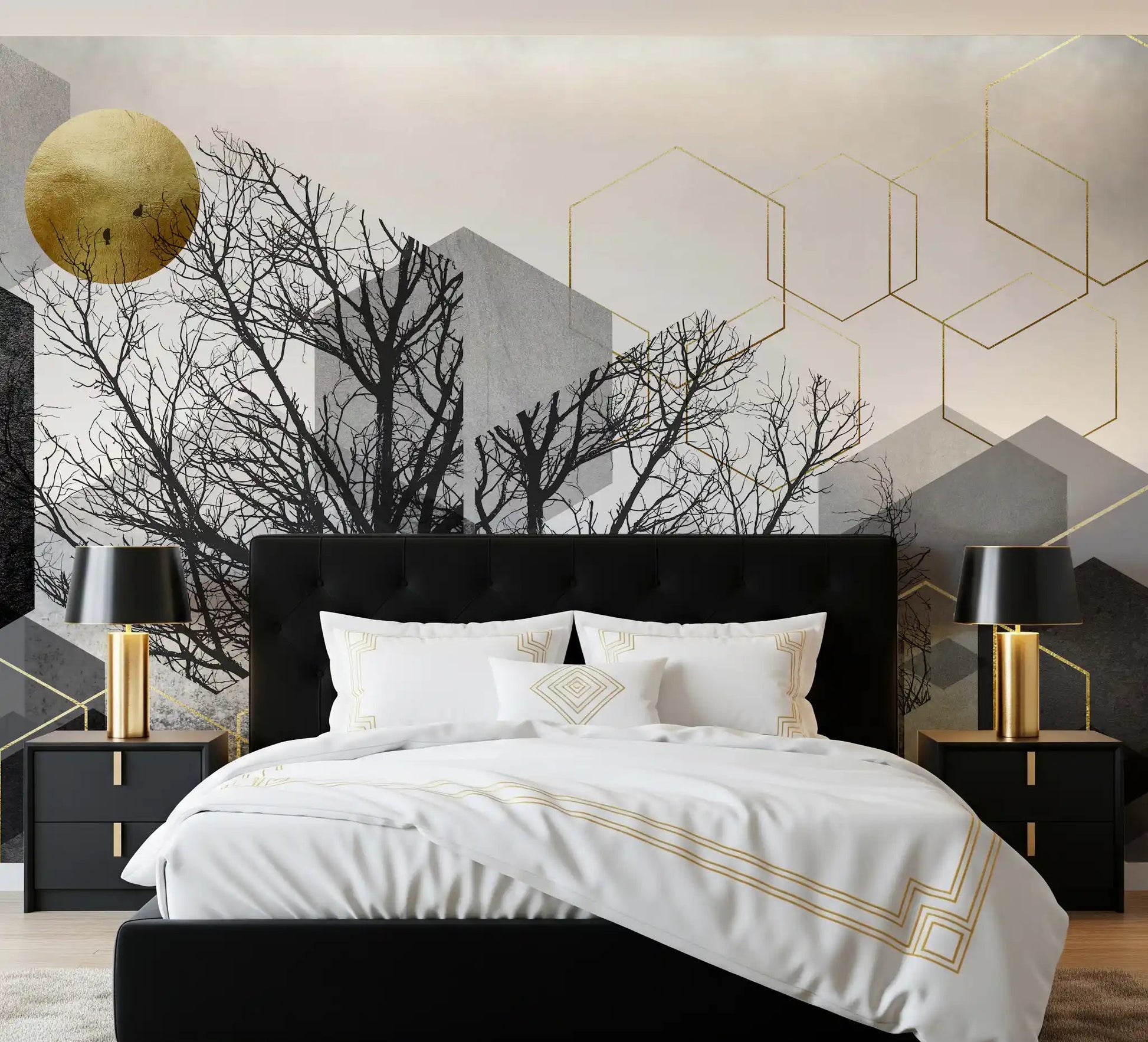 Gold and grey geometric forest mural displayed across a bedroom accent wall., GD10241